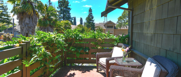 Room 8 Balcony with 2 Chairs and Table, Wisteria Vines on Balustrade, Palms in Background