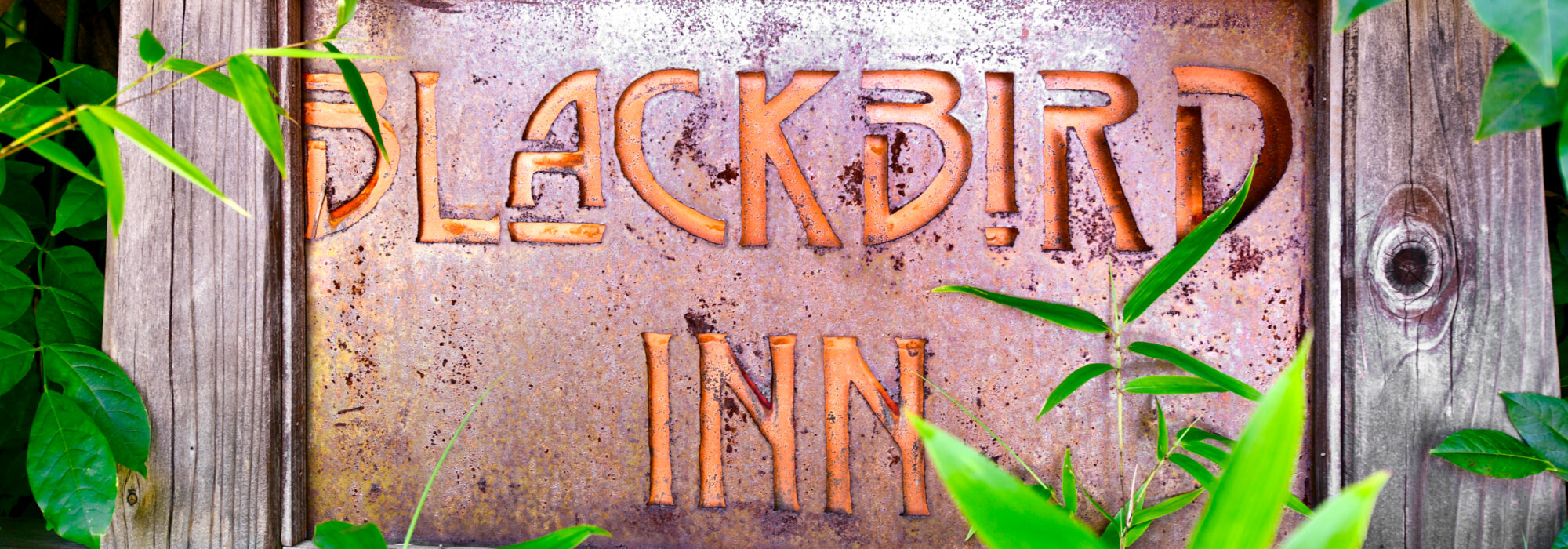 Rusty metal sign says Blackbird Inn, frame is wood.